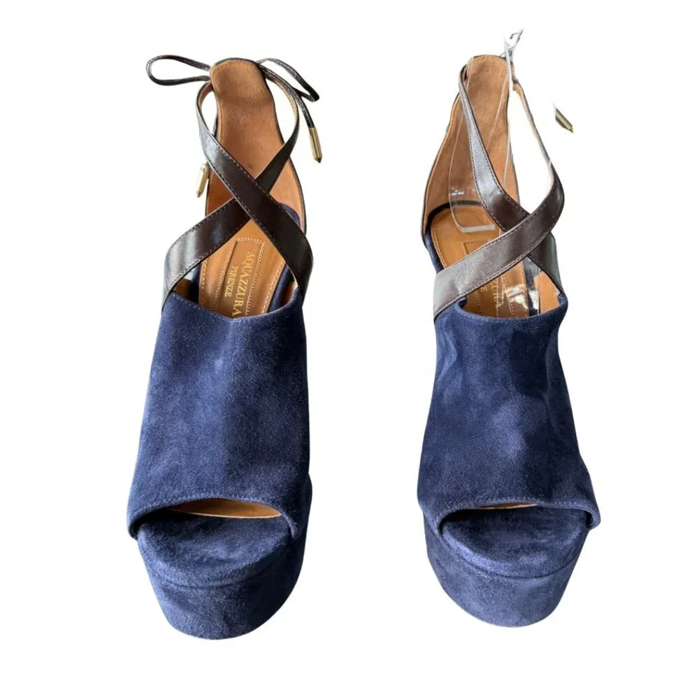 Aquazzura Kaya Plateau 140 In Navy Suede Platform Heel Sandals Womens Size 36